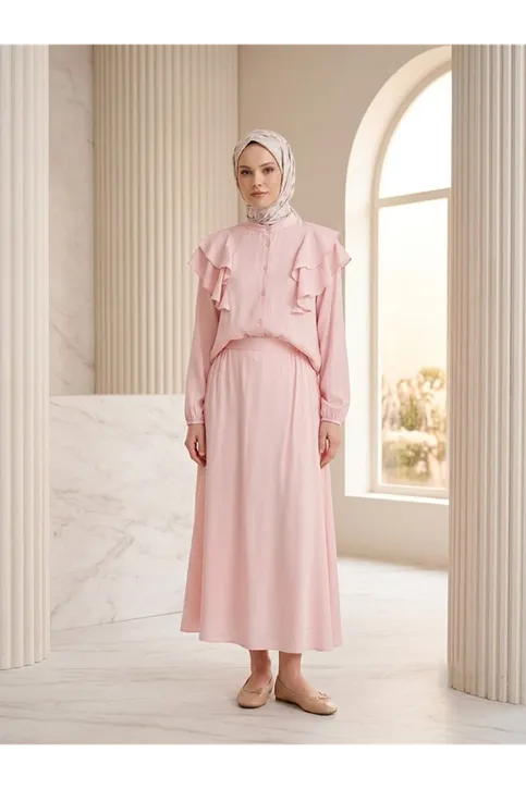Omuz Volanlı Etekli Takım-Pembe