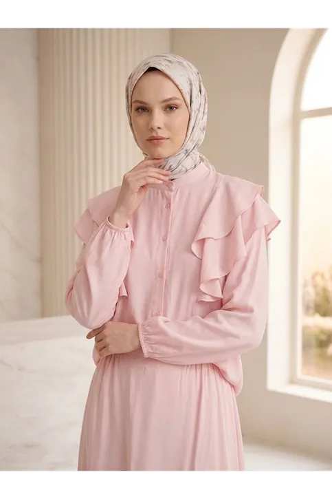 Omuz Volanlı Etekli Takım-Pembe
