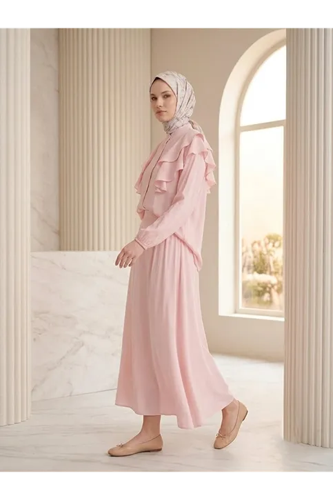 Omuz Volanlı Etekli Takım-Pembe