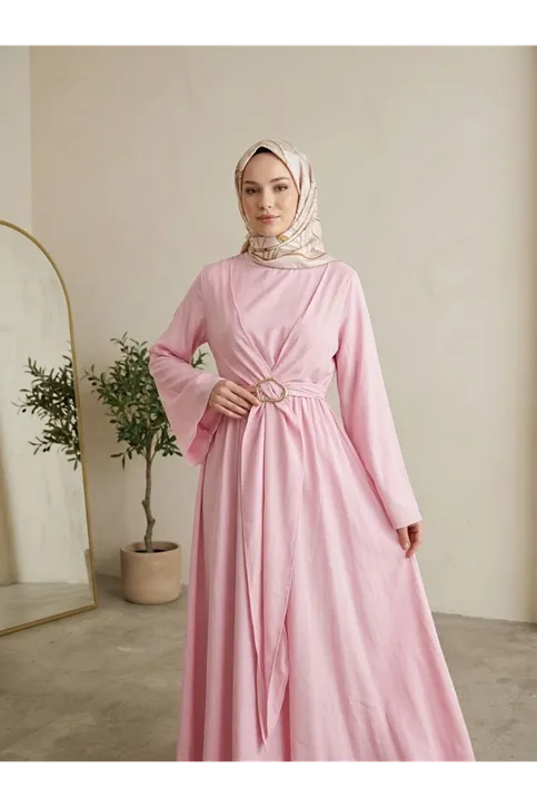 Önü Bağlamalı Aksesuar Detay Elbise-Pembe