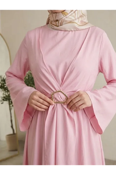 Önü Bağlamalı Aksesuar Detay Elbise-Pembe