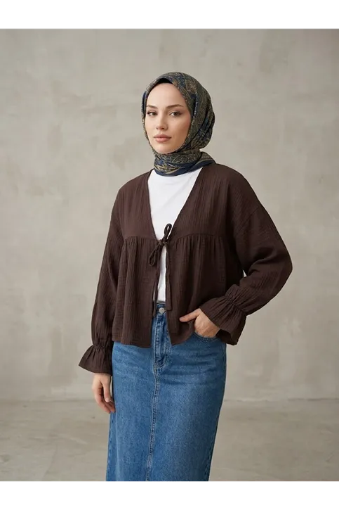 Önü Bağlamalı Kısa Kimono-Kahve