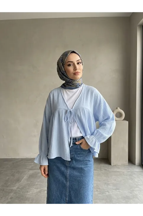 Önü Bağlamalı Kısa Kimono-Mavi