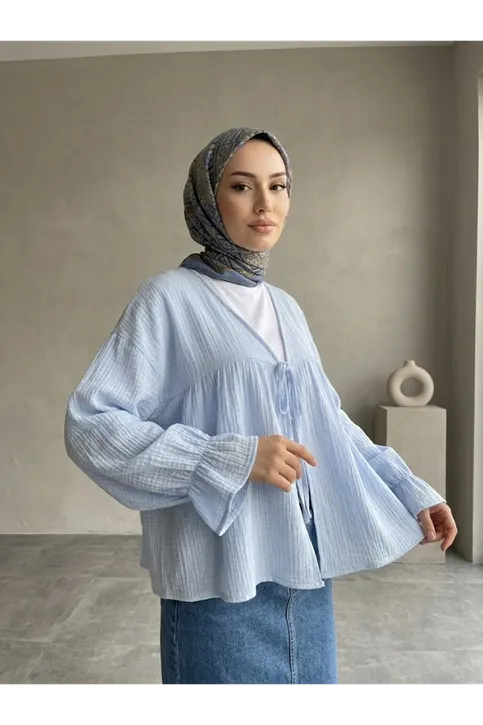 Önü Bağlamalı Kısa Kimono-Mavi