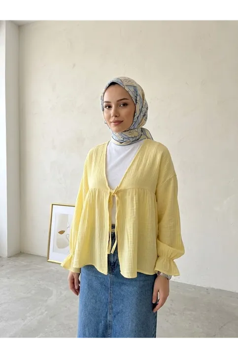 Önü Bağlamalı Kısa Kimono-Sarı