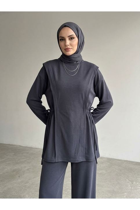 Tünel Detay Kol Katlamalı Pantolonlı Takım-Antrasit