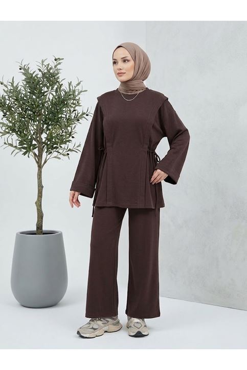 Tünel Detay Kol Katlamalı Pantolonlı Takım-Kahve