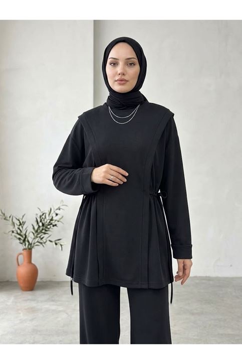 Tünel Detay Kol Katlamalı Pantolonlı Takım-Siyah