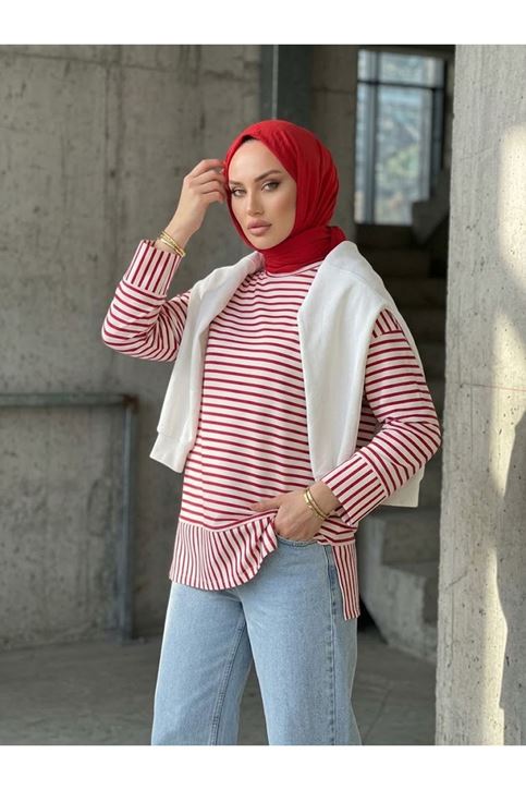 Çizgili Oysho Tunik-Kırmızı