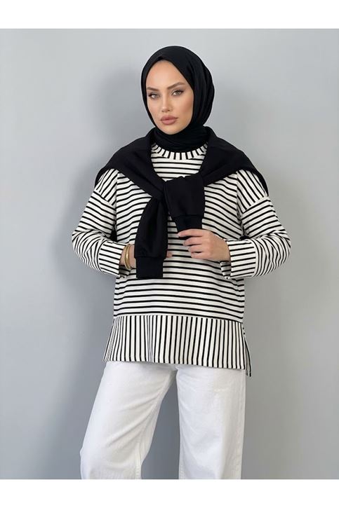 Çizgili Oysho Tunik-Siyah