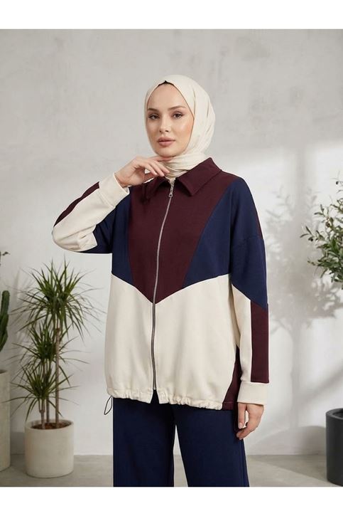 Garni Detay Fermuarlı Pantolonlu Takım-Bordo