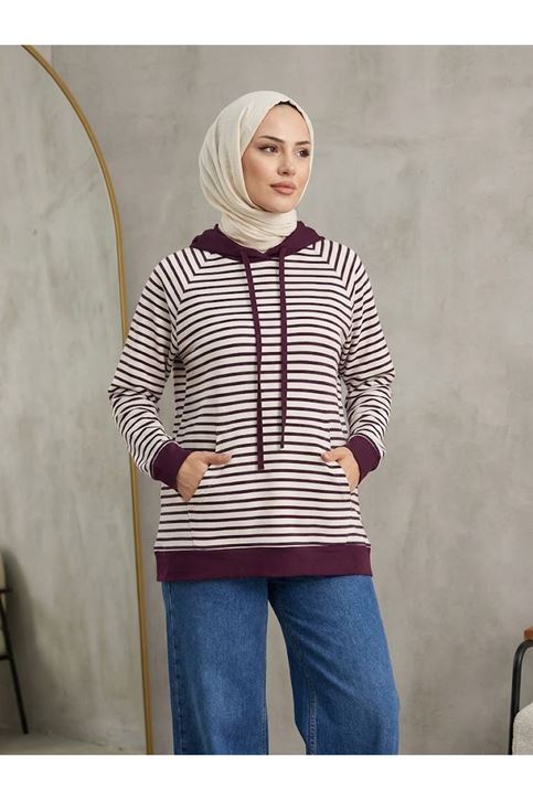 Kapşonlu Çizgili Tunik-Mürdüm