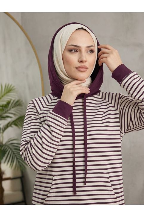 Kapşonlu Çizgili Tunik-Mürdüm