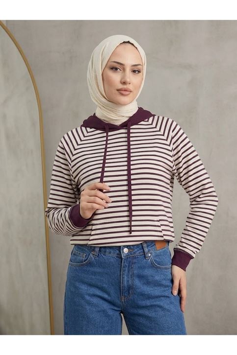Kapşonlu Çizgili Tunik-Mürdüm
