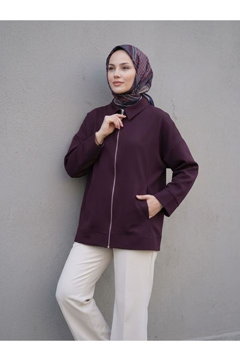 Cep Detay Fermuarlı Ceket-Bordo