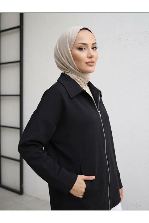 Cep Detay Fermuarlı Ceket-Siyah