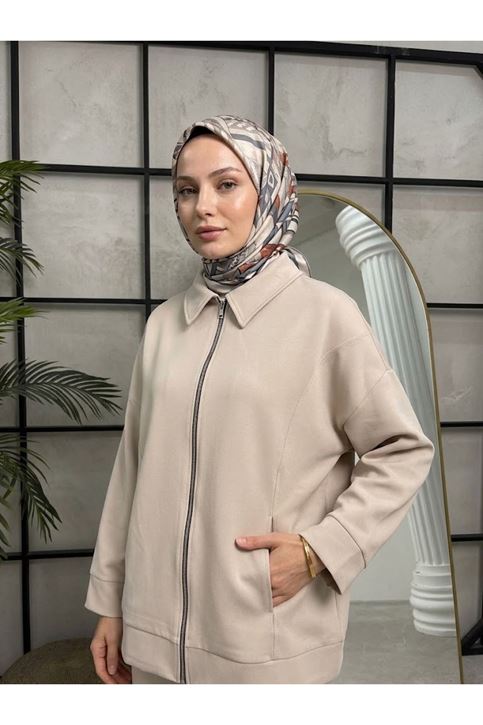 Cep Detay Fermuarlı Ceket-Taş