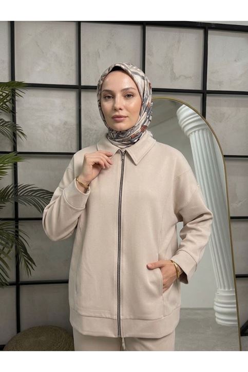 Cep Detay Fermuarlı Ceket-Taş