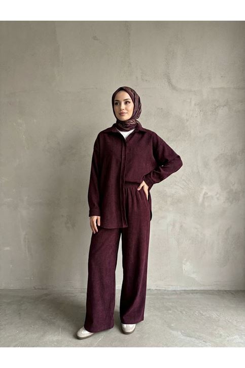 Denim Modal Pantolonlu Takım-Bordo
