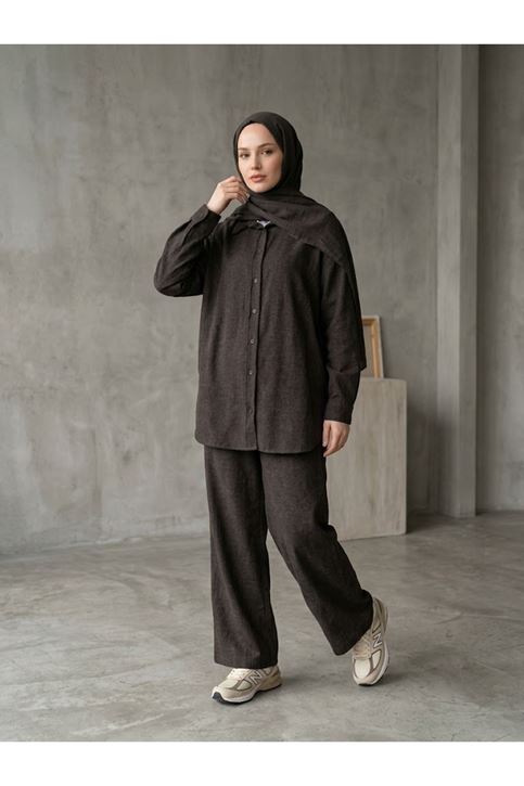 Denim Modal Pantolonlu Takım-Kahve