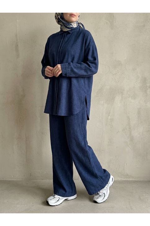Denim Modal Pantolonlu Takım-Mavi