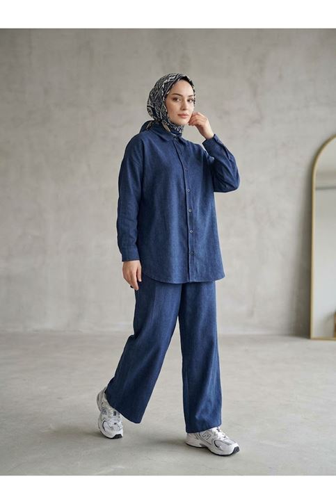 Denim Modal Pantolonlu Takım-Mavi