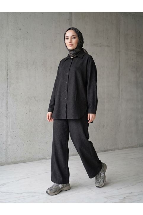 Denim Modal Pantolonlu Takım-Siyah