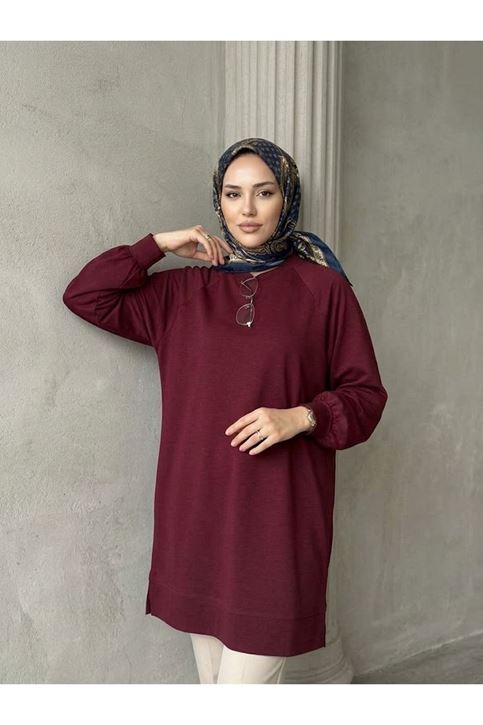 Yırtmaç Detay Manşetli Tunik-Bordo