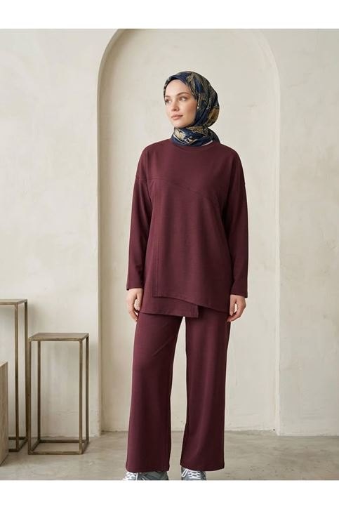 Ön Hareket Detay Pantolonlu Takım-Bordo