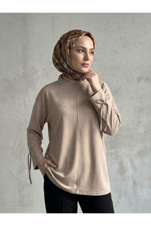 Kol Biye Detay Pike Tunik-Bej