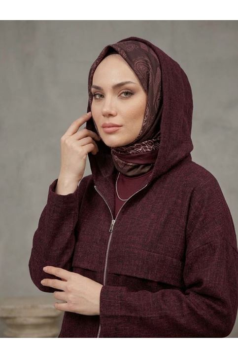 Kapşonlu Fermuarlı Tunik-Bordo