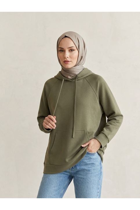 Kapşonlu Kanguru Cep Oysh Tunik-Haki