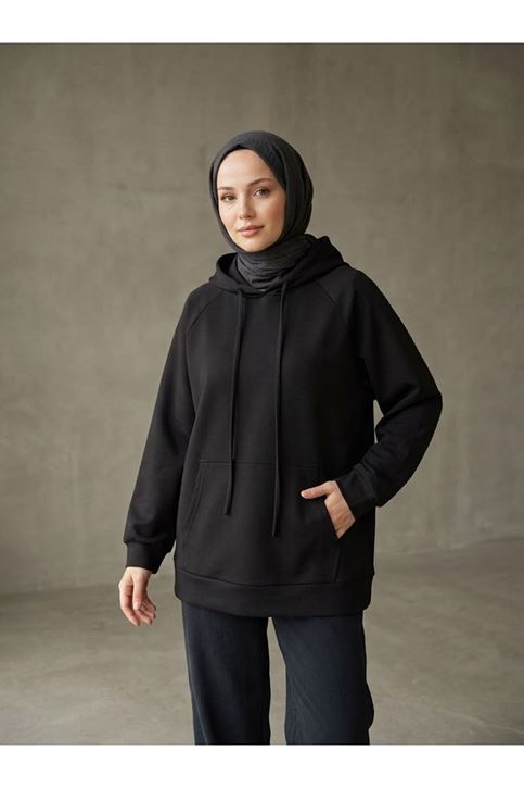 Kapşonlu Kanguru Cep Oysh Tunik-Siyah