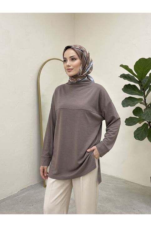 Yarım Yaka Ön Robalı Yırtmaçlı Tunik-Açık Kahve