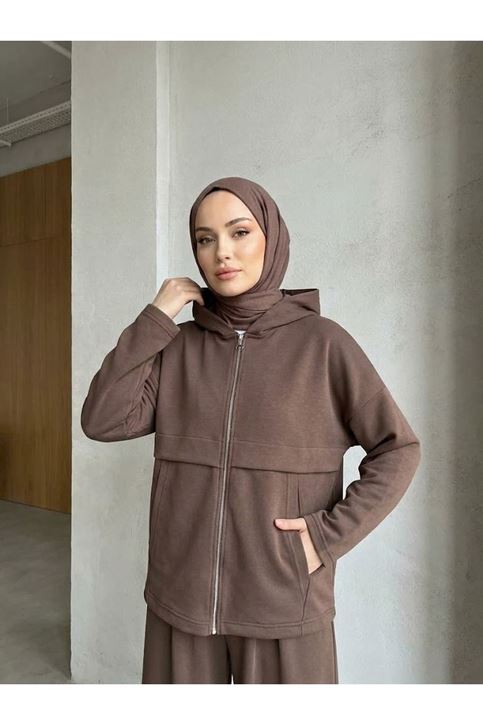 Kanguru Cep Pileli Pantolonlu Takım-Kahve