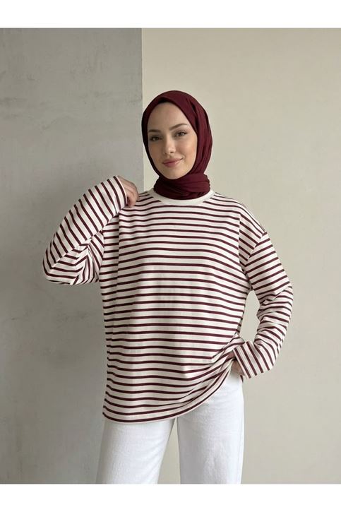 Çizgili Oysh Tunik-Bordo