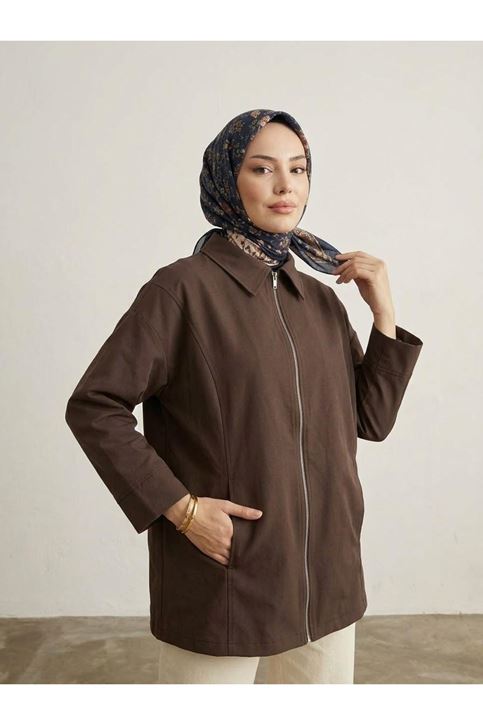 Robalı Manşetli Fermuar  Detay Trrençkot-Kahve