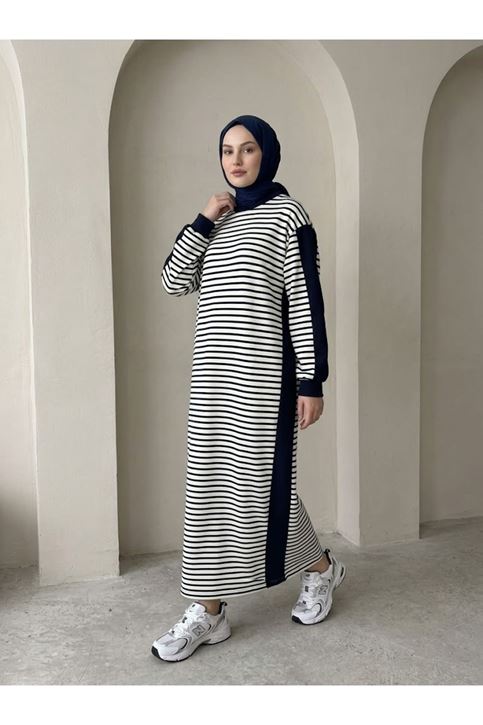 Çizgili Garnili Elbise-Lacivert