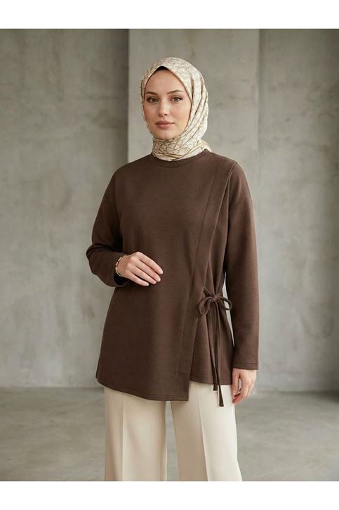 Pat Detay Yan Bağlamalı Tunik-Kahve