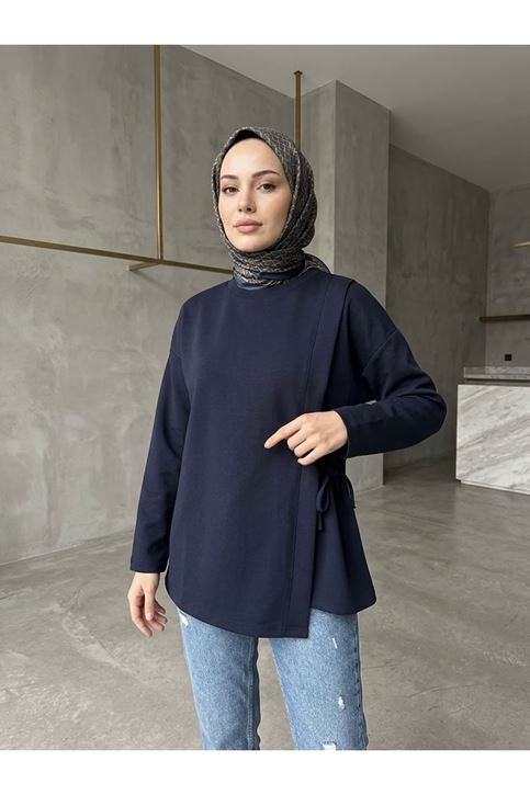 Pat Detay Yan Bağlamalı Tunik-Lacivert