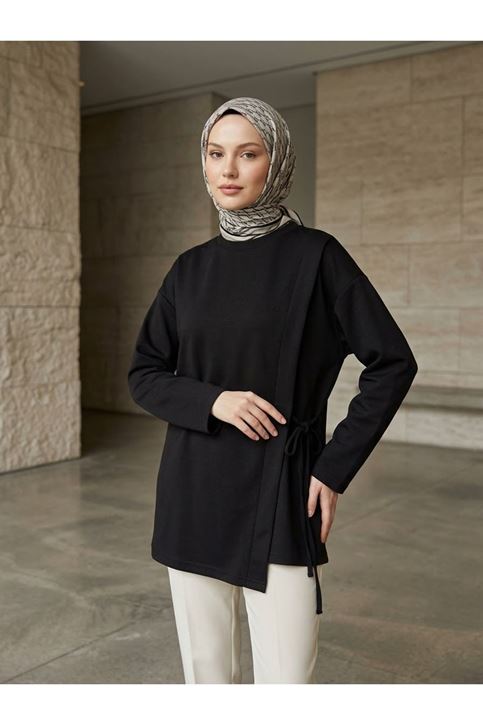 Pat Detay Yan Bağlamalı Tunik-Siyah