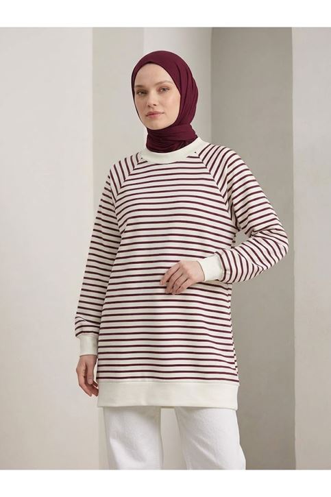 Manşet Detay Çizgili Tunik-Bordo