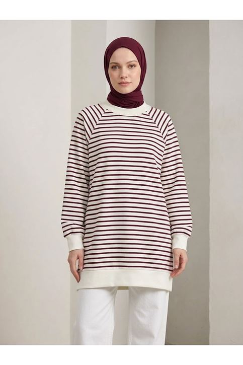 Manşet Detay Çizgili Tunik-Bordo