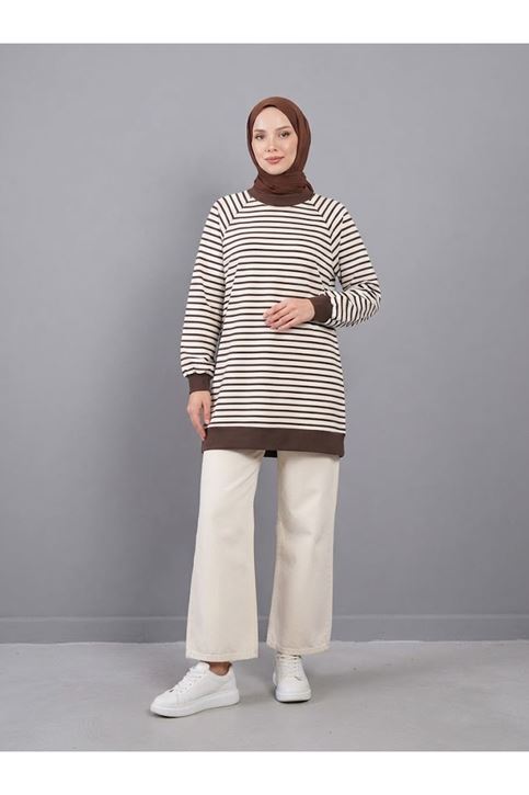 Manşet Detay Çizgili Tunik-Kahve
