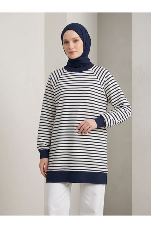 Manşet Detay Çizgili Tunik-Lacivert