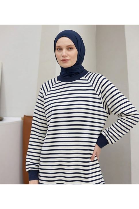 Manşet Detay Çizgili Tunik-Lacivert