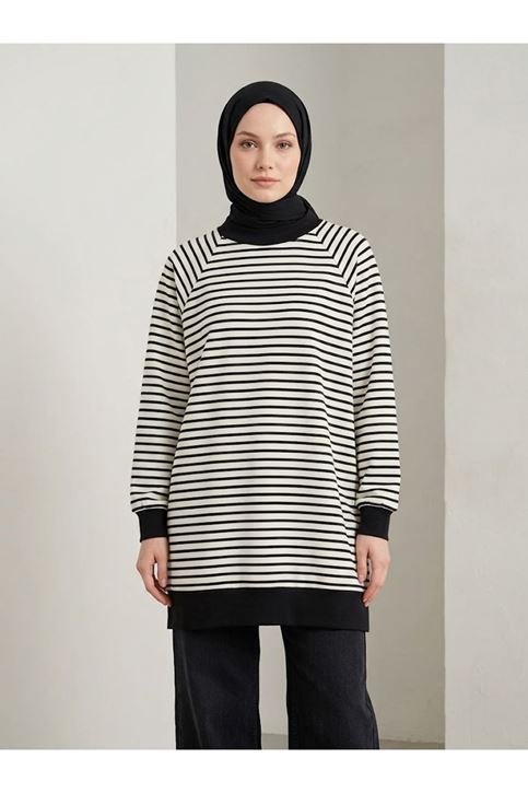 Manşet Detay Çizgili Tunik-Siyah
