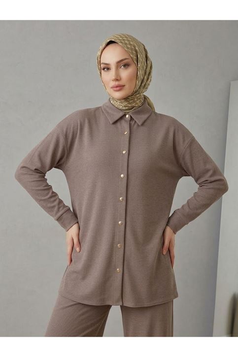 Yakalı Patlı Pike Pantolonlu Takım-Açık Kahve