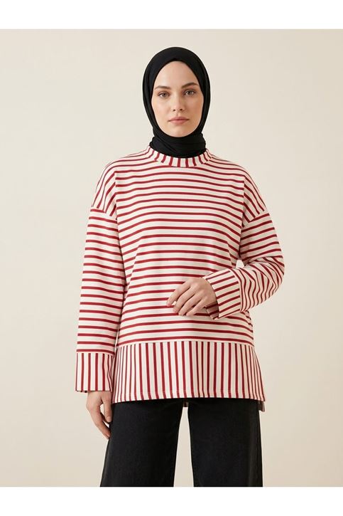 Çizgili Oysh Tunik-Kırmızı