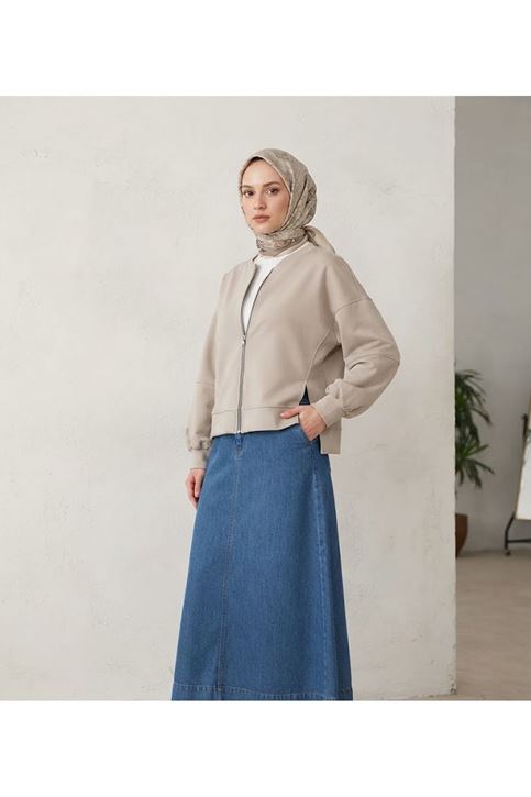 Fermuarlı Ön Parçalı Manşetli Tunik-Bej
